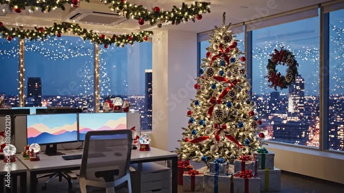 Festive Christmas Tree Decorating with Cityscape View at Night