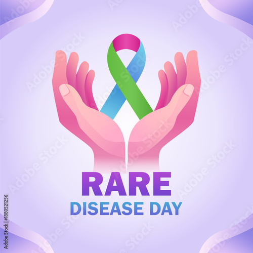 Rare Disease Day vector illustration with open hands holding a multicolor awareness ribbon, symbolizing support, care, and hope for people living with rare diseases.
