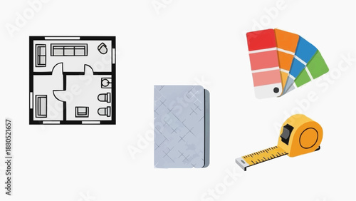 Essential tools for comprehensive home renovation and interior design projects, featuring a detailed floor plan, diverse color palettes, and an accurate measuring tape