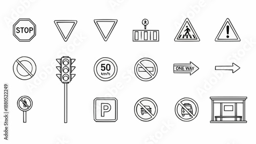 Collection of various traffic and road signs.