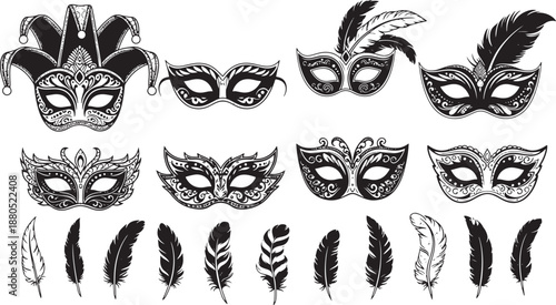 Elegant Black and White Masquerade Masks and Feathers Vector Illustration Set