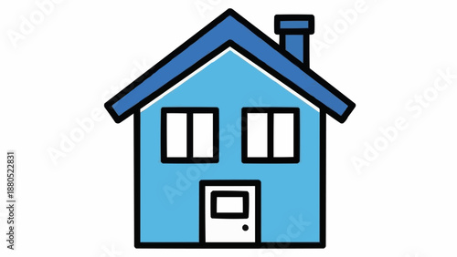 Simple Blue House Illustration with Chimney and Windows.
