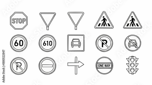 Collection of Hand Drawn Traffic Road Signs and Symbols.