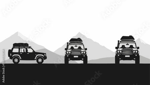 Three Off Road Vehicles Camping Adventure Mountains Landscape.