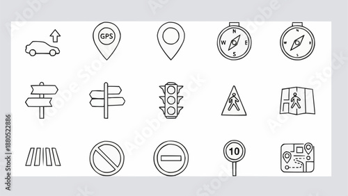 Collection of navigation and traffic symbols icons.
