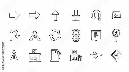 Collection of Hand Drawn Icons Representing Transportation and Direction.