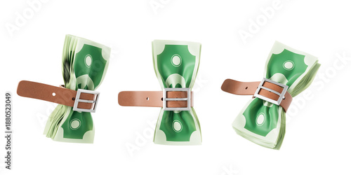 Canvastavla Cartoon-style green dollar bills tightened with brown leather belts in three stages, shown isolated on white background, symbolizing budget and savings