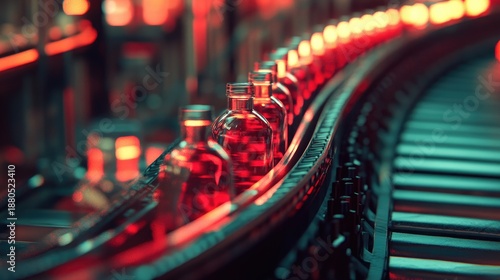 Bottles of amber liquid moving along a conveyor belt in a factory setting with warm, red lighting.
