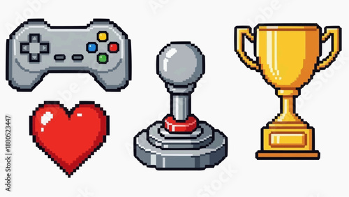 Pixel art gaming icons showcasing controller, joystick, trophy, and heart symbolizing gaming passion and achievement