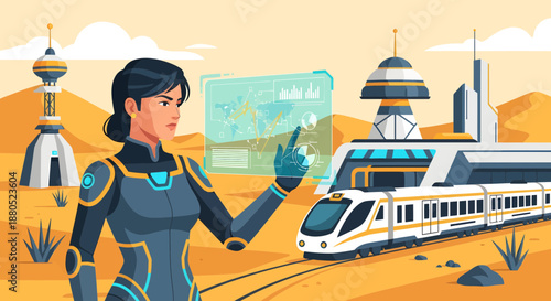 Female astronaut interacting with futuristic technology near a space train