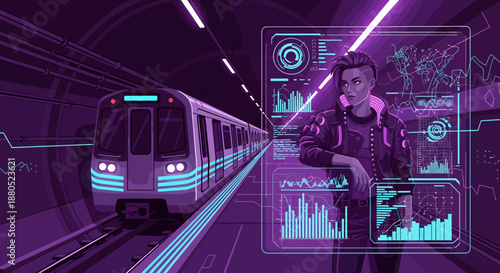 Futuristic station with person interacting with digital interface