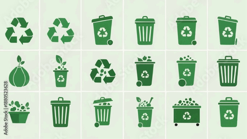 Collection of green icons representing recycling and waste management in a grid layout illustrating environmental conservation