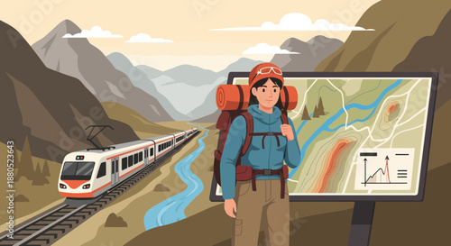 Hiker with Map and Train in Mountainous Landscape
