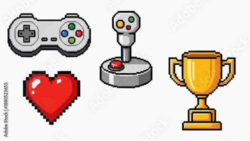 A pixel art illustration featuring a game controller, joystick, heart, and trophy, symbolizing gaming and achievement.