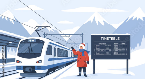 Santa Claus waiting for train at winter snowy station with timetable