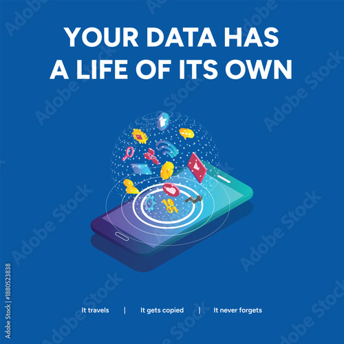 Isometric Smartphone Data Management Illustration Representing Digital Footprint and Information Security