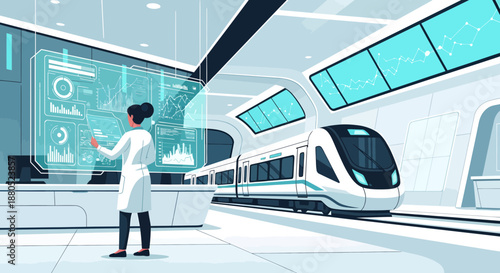 Scientist Monitoring Advanced Train Technology in a Modern Laboratory