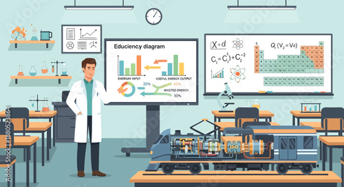 Scientist presenting research data on a screen in a classroom with a model machine