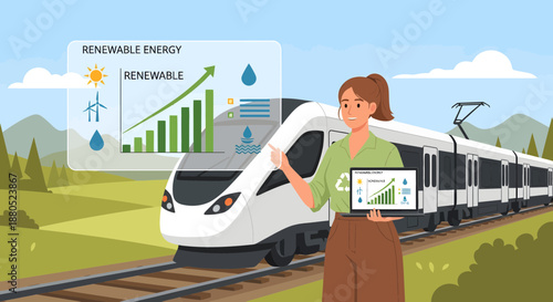 Sustainable Transport: Woman Analyzing Renewable Energy Data Near High-Speed Train