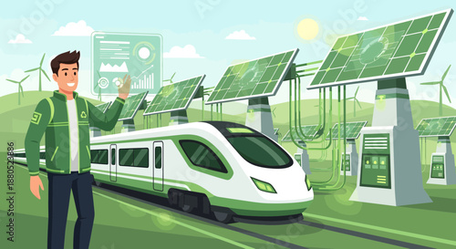 Sustainable transportation concept with solar panels and train