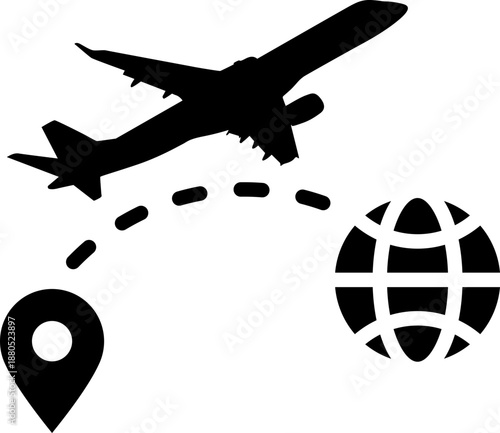 A high-contrast black and white stencil-style image of a commercial airplane in mid-flight, shown from a front-left angle. The airplane has a rounded nose and twin engines visible under the wings.