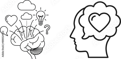 Abstract Brain and Mind Concepts Illustrating Cognitive Processes, Creative Thinking, Emotional Intelligence, and Empathetic Thoughts in Vector Line Art
