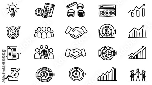 Hand-drawn business and finance icon set symbolizing growth, teamwork, and success