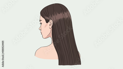 Womans long dark hair from the side.