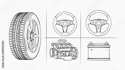 Detailed illustration of car parts including tire, steering wheel, engine, and battery on a clean background from a technical viewpoint