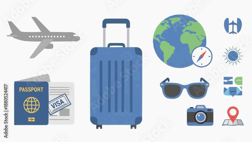 Travel essentials including suitcase, passport, and camera icons arranged around a globe, representing journey preparation and adventure