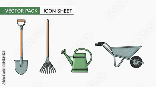 Gardening tools illustration featuring shovel, rake, watering can, and wheelbarrow in a vector pack icon sheet
