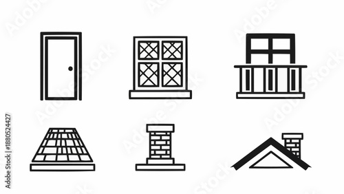 Set of architectural elements icons door window balcony chimney roof.