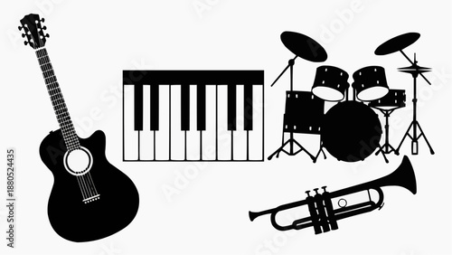 A collection of music instruments including guitar, keyboard, drums, and trumpet displayed together