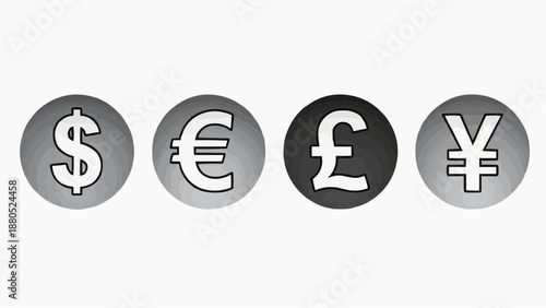 Currency symbols displayed on circular icons arranged horizontally in a row