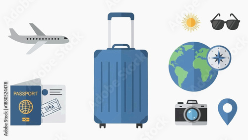 Travel essentials and accessories surrounding a blue suitcase, representing journey preparation, adventure, and exploration, with global elements and travel icons.