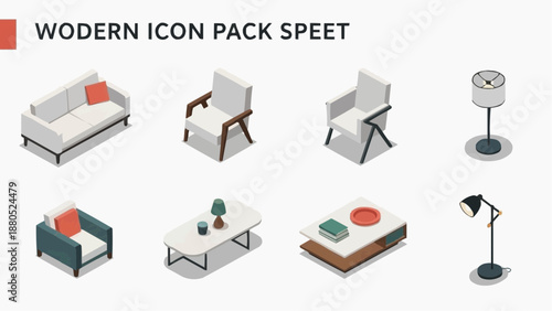 Modern furniture icons displayed together in a digital illustration showcasing various home decor items from different viewpoints