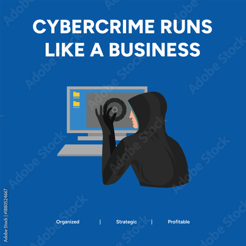 Cybercrime as a Business Illustration Depicting Professional Hacker Working at a Computer Desk