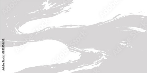 Abstract black and white background of paint splashes forming a misty winter mountain landscape with snow peaks, clouds, and a frozen glacier lake under a cold sky