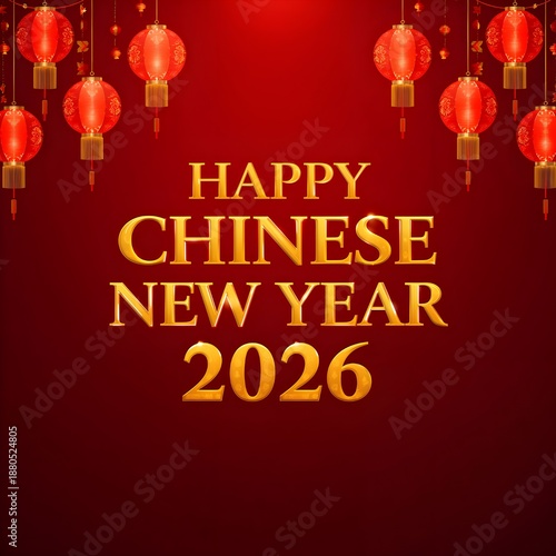 Happy Chinese New Year 2026 Celebration with Red Lanterns and Elegant Gold Typography. 
