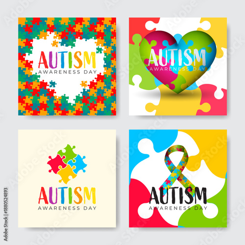 Set of social media post April Autism Awareness Puzzle Ribbon Heart Vector