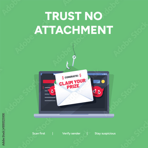 Phishing Email Awareness Poster with Laptop and Prize Claim Message Illustrating Malware Risk