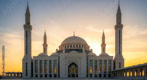 Majestic white mosque with large dome and minarets under clear sky