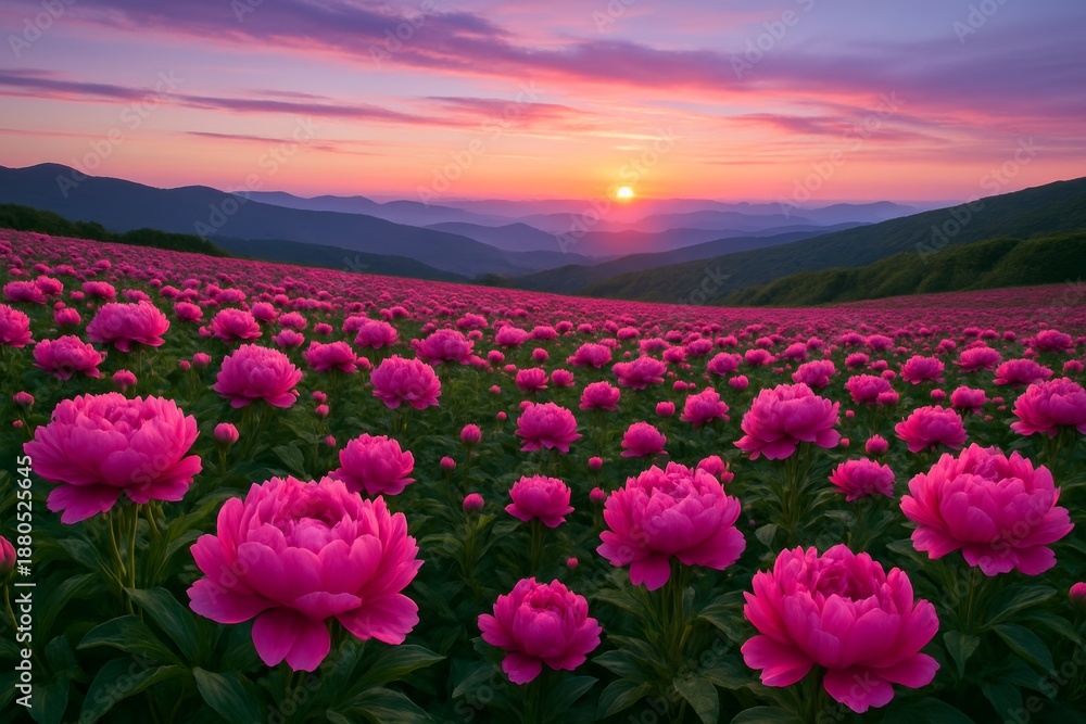 Fototapeta premium Vivid pink peony field stretching into distant hills under a glowing sunset sky with layered mountains in soft focus in background. Ai generative. Ai generative