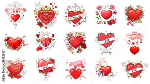 Red Heart Icons Set: Vintage Love Symbols with Roses, Ribbons, Wings, Banners - Vector Collection for Valentine's Day, Romance, Tattoo Designs