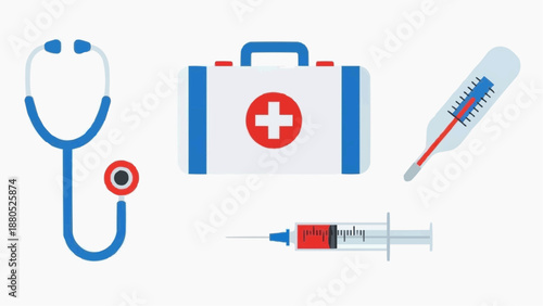 Medical tools and equipment including stethoscope, first aid kit, thermometer, and syringes on a clean surface.