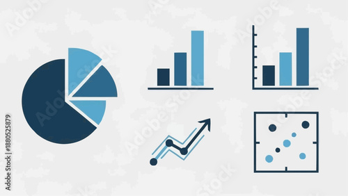 Data visualization graphics including pie chart, bar graphs, trend arrow, and scatter plot icons, presented in a clean layout for business analysis.