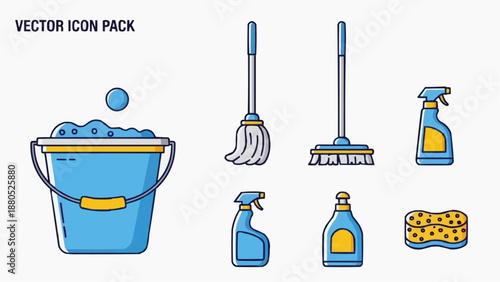 Collection of cleaning tools and supplies for household chores displayed neatly in a vector icon set