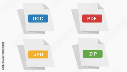 Four file icons with different formats displayed on a clean white background from a straightforward viewpoint