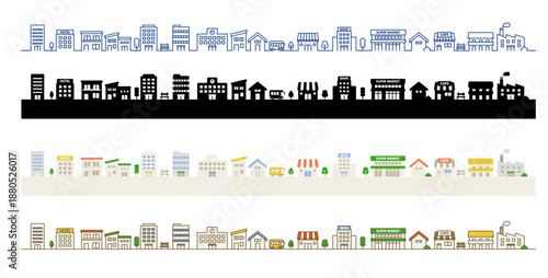 街並みのイラスト素材　バリエーションセット｜家と建物が並ぶ 横並びベクター