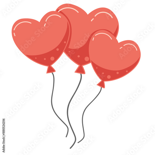 Three red heart balloons with strings icon for love-themed content, wedding invites, or celebratory romantic branding.
